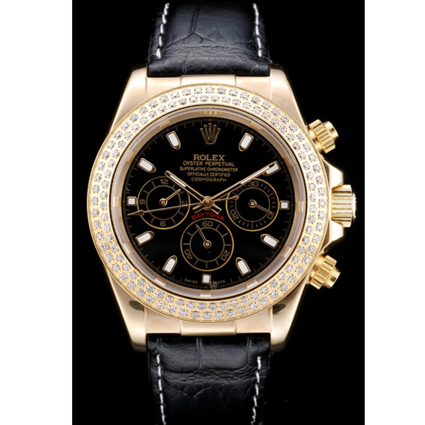 Aaa replica watch Case Daytona Crystal Studded Dial Black Bezel Rolex Gold 1014